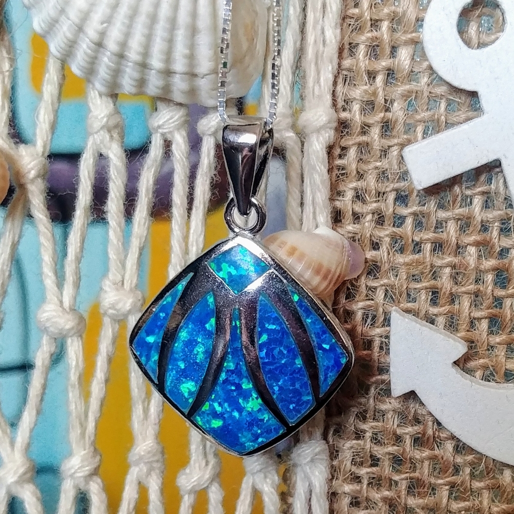 MOSAIC STERLING SILVER BLUE OPAL SQUARE PENDANT